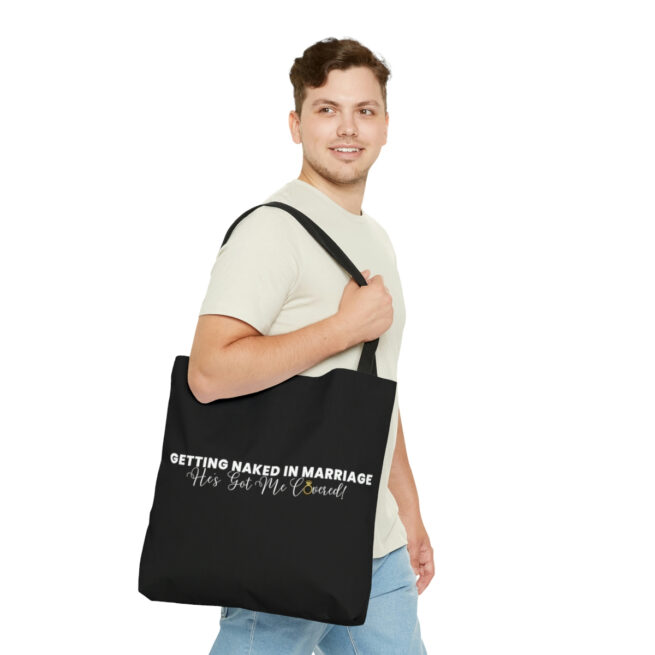 GNIM He's Got Me Covered | Black AOP Tote Bag - Image 3