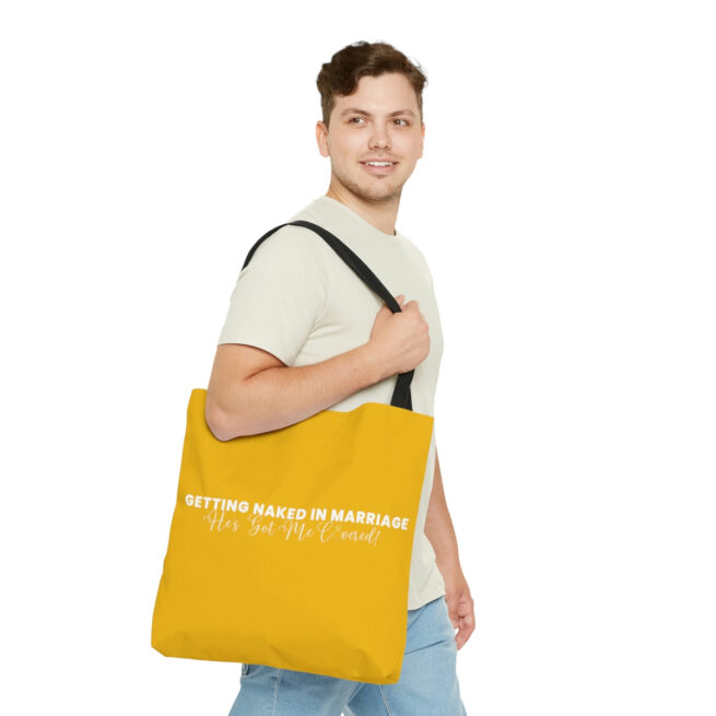 GNIM He's Got Me Covered | Yellow AOP Tote Bag - Image 3