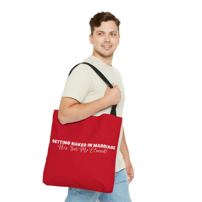 GNIM He's Got Me Covered | Red AOP Tote Bag - Image 3