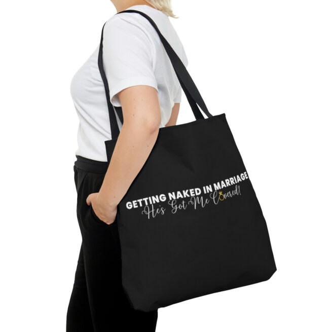 GNIM He's Got Me Covered | Black AOP Tote Bag - Image 4