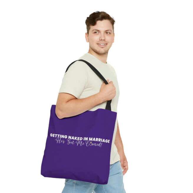 GNIM He's Got Me Covered | Purple AOP Tote Bag - Image 3