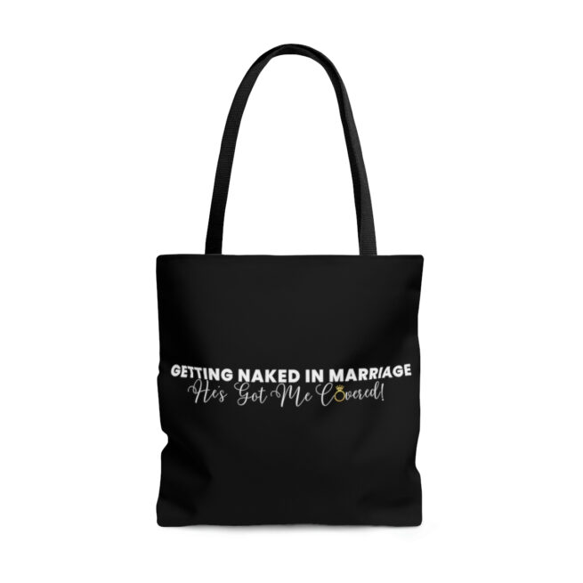 GNIM He's Got Me Covered | Black AOP Tote Bag